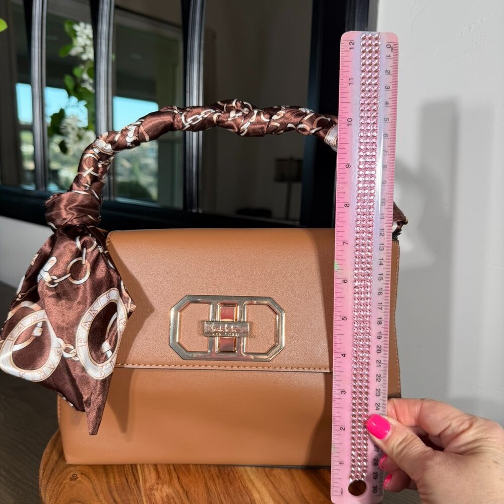 Nicole Miller New York Tan Top Handle Satchel Gold Hardware Scarf Handle NWT - Picture 6 of 7